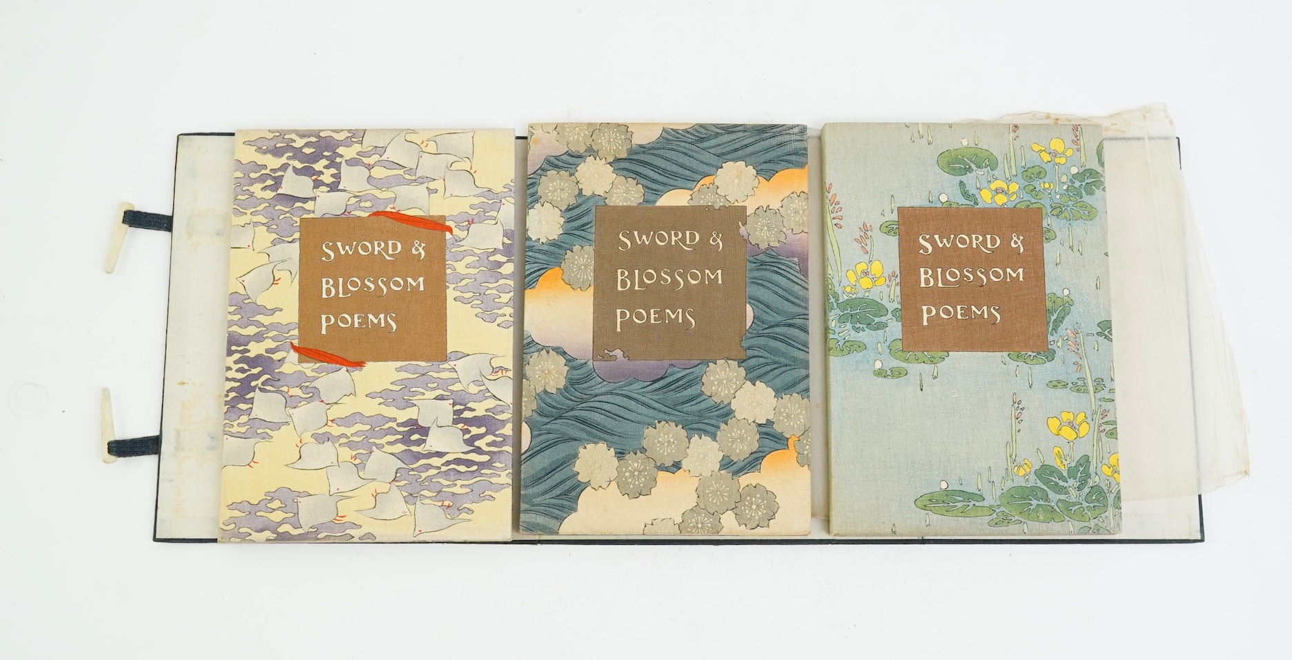 Swords and Blossom Poems from the Japanese, three volumes, done into English verse by Shotaro Kimura and Charlotte M. A. Peake, woodblock illustrations by Japanese artists, Tokyo, T. Hasegawa publisher